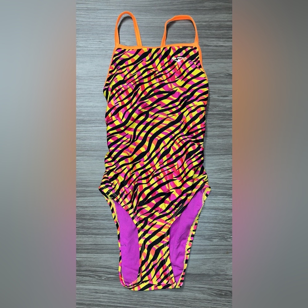 TYR The Finals Women Zany Zebra Swimsuit Flutterback Pink/Orange